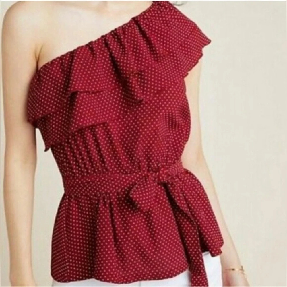 Anthropologie Maeve Rita Ruffle Wine Top Blouse Shirt polka dots Size Small